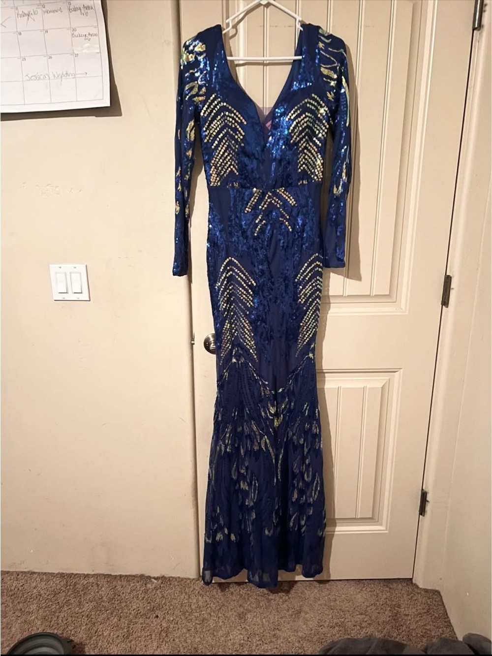 Jovani Royal Blue Long Sleeve Sequin Evening Gown with silver Accents